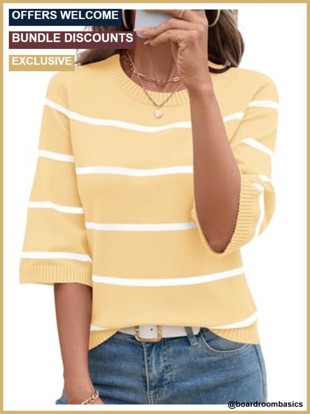 Women's Casual Crew Neck Striped 3/4 Sleeve Lightweight Knit Pullover Sweater